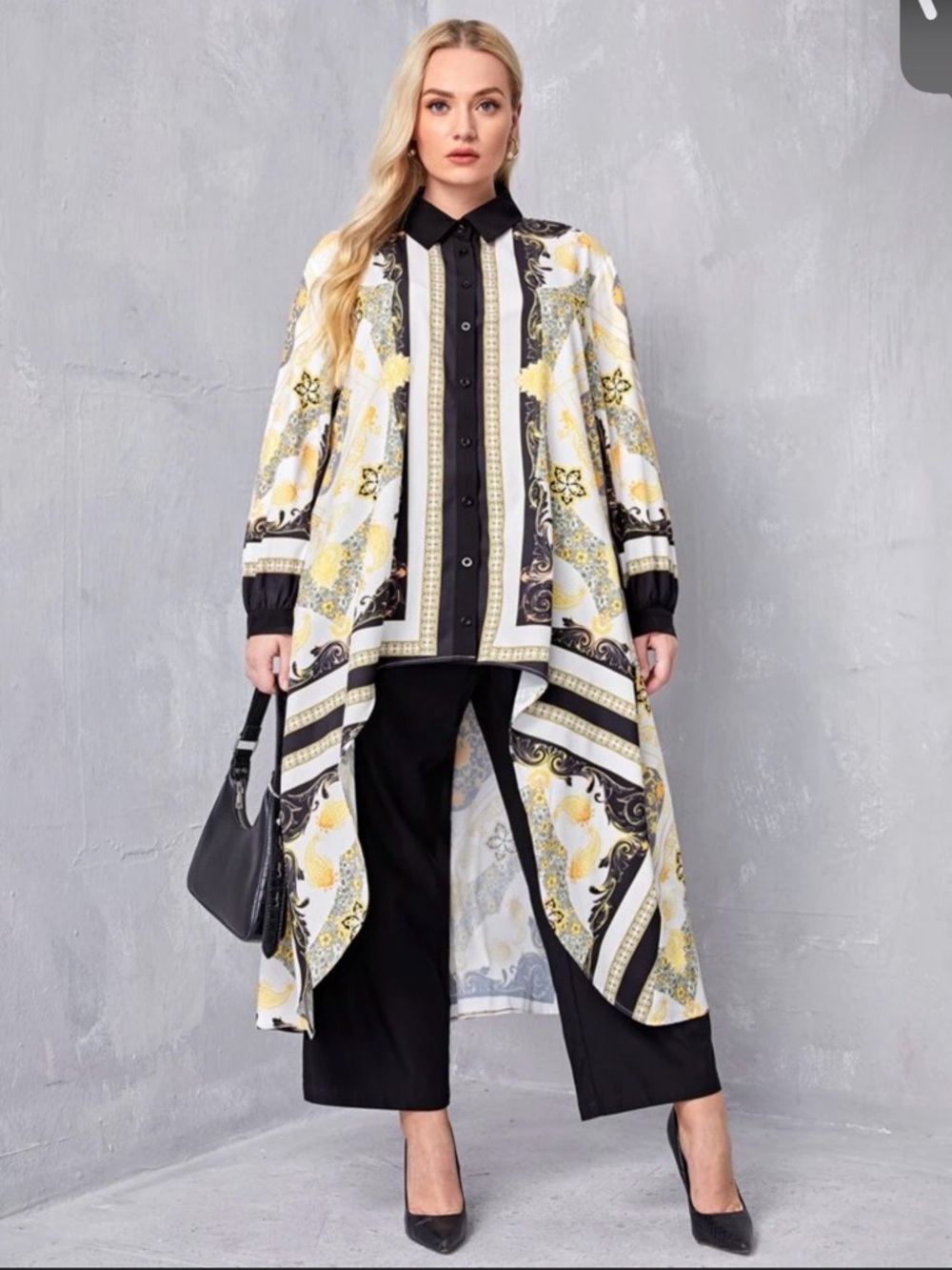Women's Printed Longline Shirt Jacket - Black & Cream
